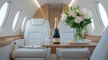 A champagne bottle and flowers are on the table in the back of a private jet photo