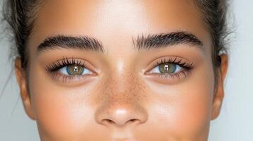 A close up of a woman with freckles on her face photo