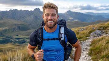 A man with a backpack smiles while hiking photo