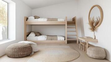 A bedroom with a bunk bed and a rug photo