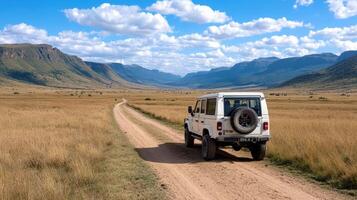 A jeep driving down a dirt road in the middle of a field photo