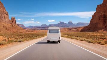 A white rv is driving down a desert road photo