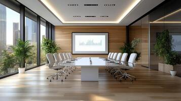 A conference room with a large screen and wooden floor photo