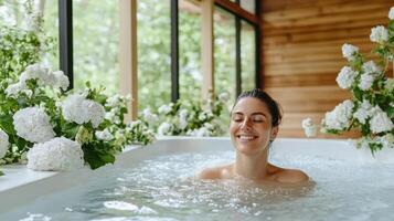 A woman is relaxing in a spa tub with flowers photo