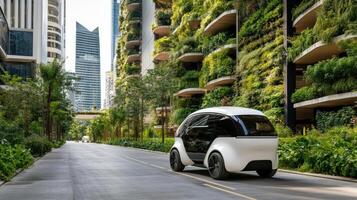 A self - driving car driving down a city street photo