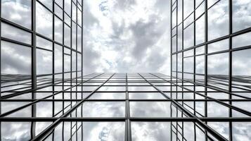 A view of the sky through the glass of a building photo