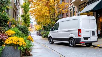 A white van is parked on a city street photo