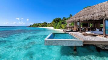 A resort with a thatched roof and a pool photo