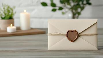 An envelope with a wooden heart on it photo