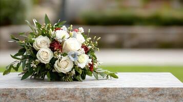 A bouquet of flowers sitting on a stone bench photo