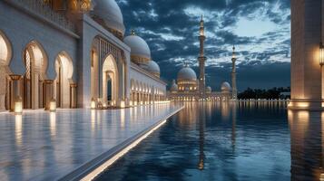 The grand mosque in abu dhabi at dusk photo