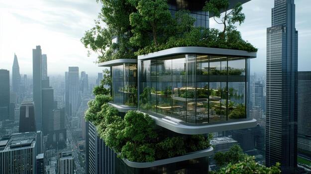 A skyscraper with plants growing on it photo