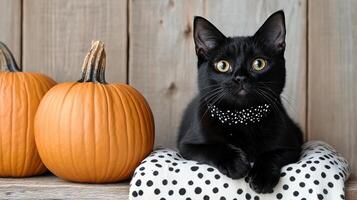 A black cat sitting on a blanket with pumpkins photo
