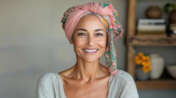 A woman with a turban on smiling photo