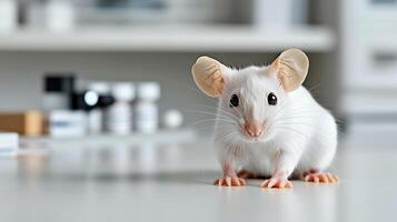A white mouse with large ears standing on a table photo