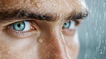 A close up of a man's eye with rain drops on it photo