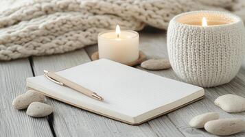 A notebook, pen and candle on a wooden table photo