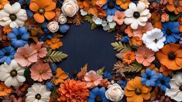 A circle of flowers on a dark blue background photo