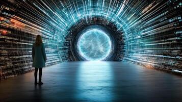 A woman standing in front of a tunnel with a glowing light photo