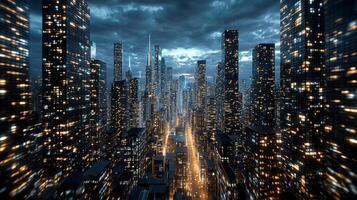 A city with tall buildings and lights photo