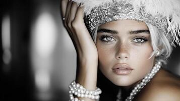 A woman with pearls and feathers on her head photo