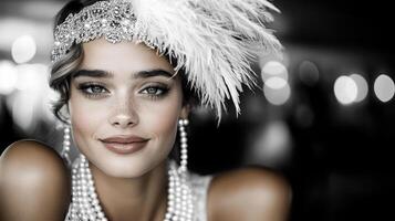 A woman wearing a flapper hat and pearls photo