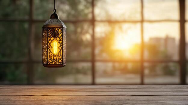 An old lamp hanging from a wooden table in front of a window photo