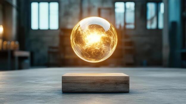 A glowing light bulb on a wooden block photo