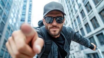 A man in sunglasses and a hat pointing at something photo