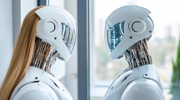 A robot is looking at a woman in the mirror photo