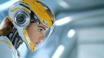 A woman wearing a helmet with a yellow and white design photo