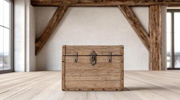 A wooden chest sitting on top of a wooden floor photo
