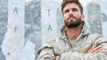 A man in camouflage is standing in front of a wall photo