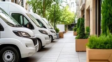 A row of white vans parked on a street photo