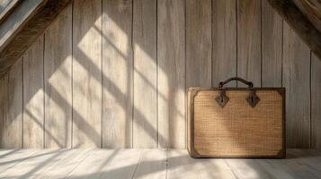 An old suitcase sitting on a wooden floor in an attic photo