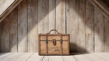 An old suitcase sitting on top of a wooden floor photo
