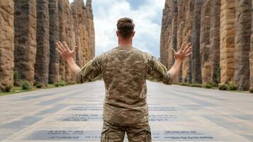 A soldier in camouflage standing in front of a wall with his hands outstretched photo