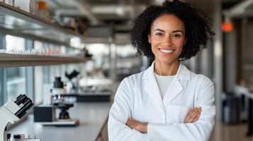 A woman in a lab coat standing in front of a microscope photo