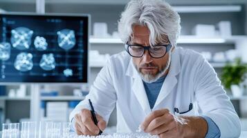 A man in a lab coat is writing on a piece of paper photo