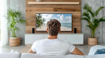 A man sitting on a couch watching television photo