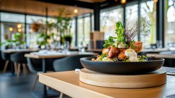 A restaurant with a large bowl of food on a table photo