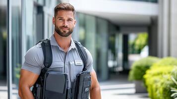 A man in a vest and shirt standing outside photo