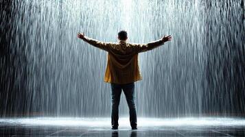 A man standing in front of a waterfall with his arms outstretched photo