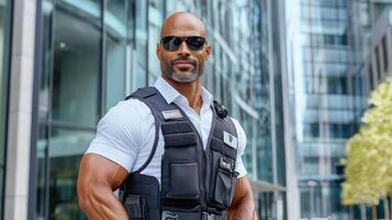 A man in a police vest standing in front of a building photo