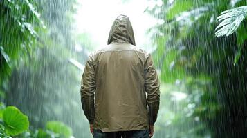 A man in a rain jacket standing in the rain photo