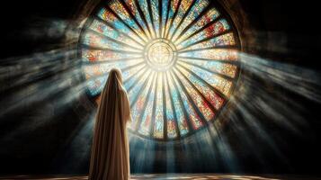 A person in a robe standing in front of a large stained glass window photo