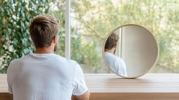 A man is looking at a mirror in front of a window photo