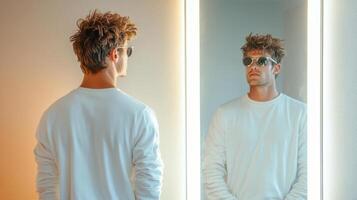 A man in sunglasses looking at himself in the mirror photo