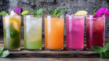 Five different colored drinks in glasses on a wooden table photo