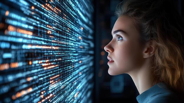 un mujer mirando a un computadora pantalla con binario código foto